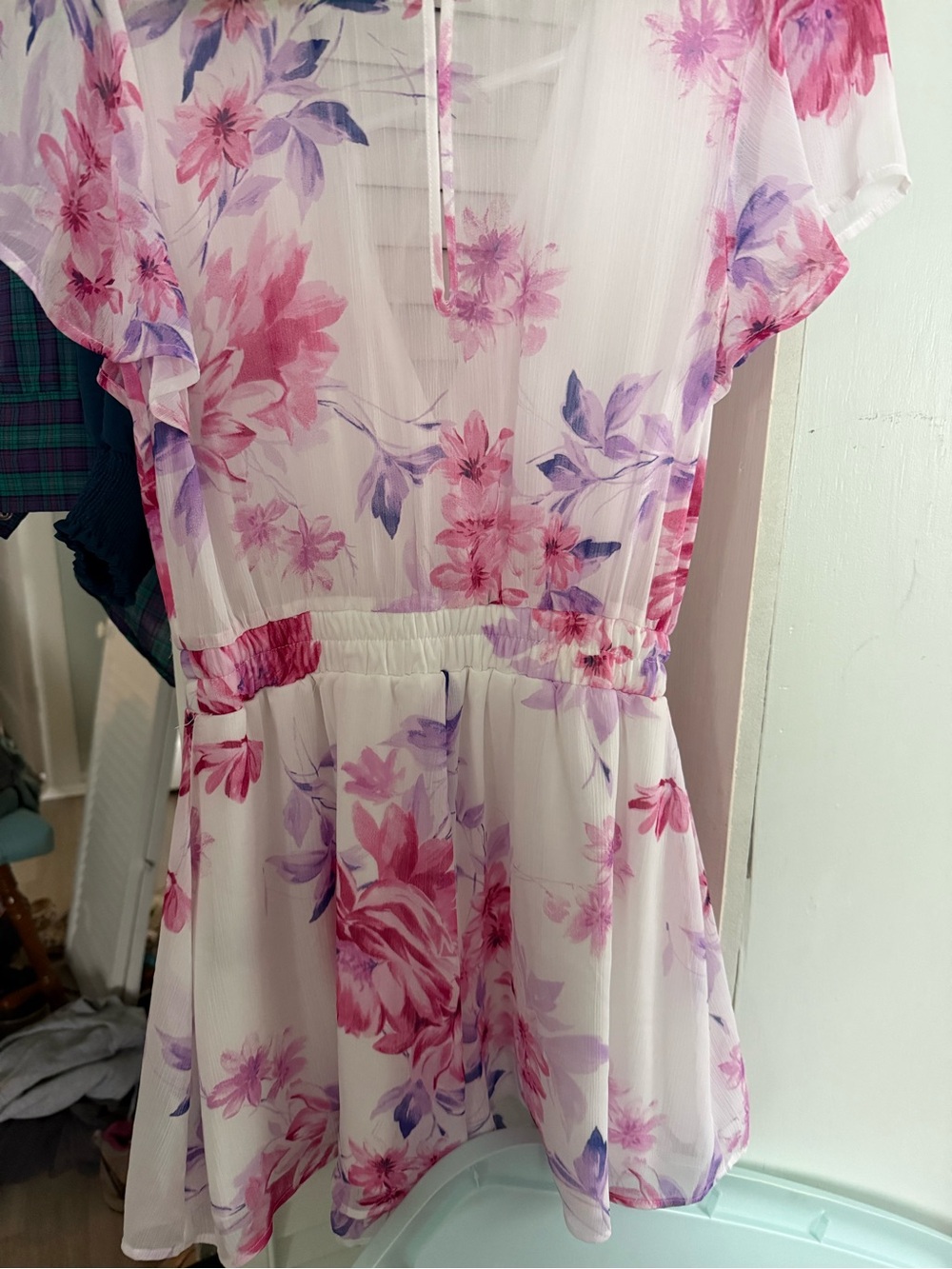 Trixxi White Floral Surplice Romper with Pink & Purple Flowers - Picture 5 of 5